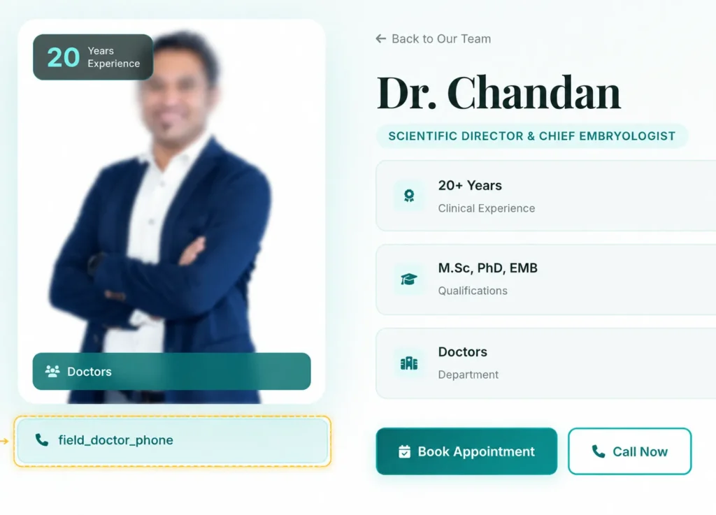 Screenshot of an Aikya Fertility doctor profile page with the doctor’s face blurred and the phone information field highlighted, showing the placeholder text “field_doctor_phone” instead of a valid phone number.