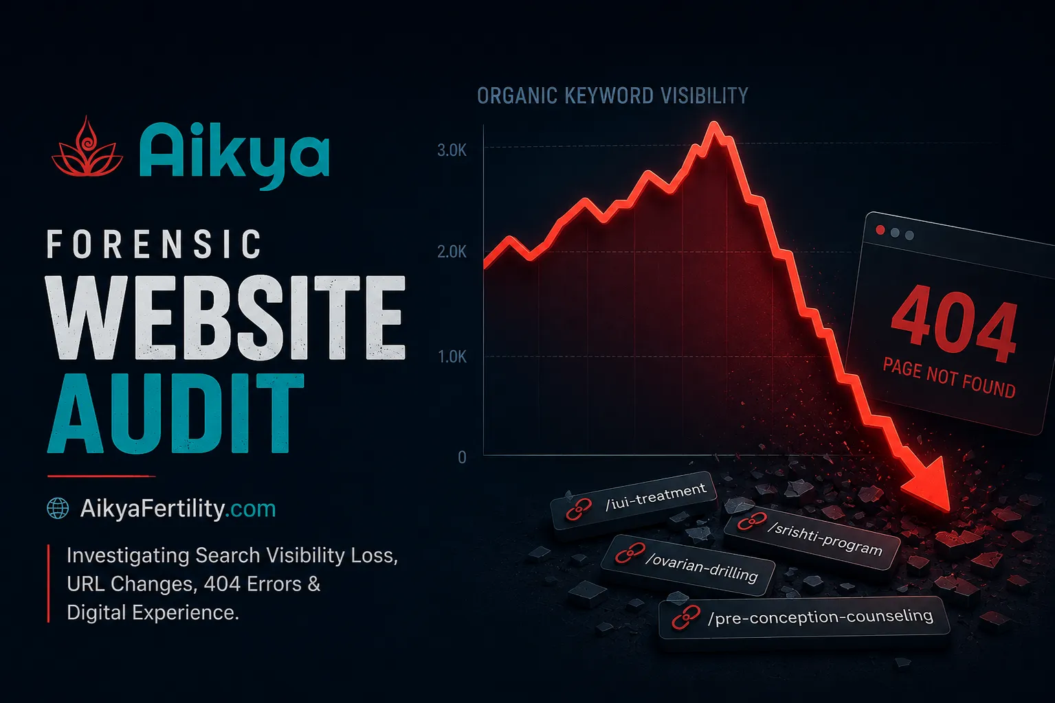 Featured image for a forensic website audit of Aikya Fertility showing a sharp decline in organic keyword visibility, 404 errors and broken website links.