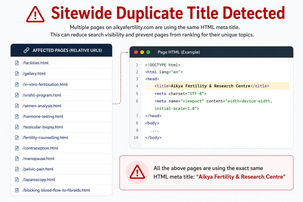 Three archived Aikya Fertility pages showing identical HTML title text despite covering different medical subjects.