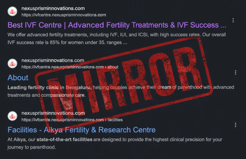 Google search results showing Aikya Fertility pages indexed on ivfcentre.nexusprisminnovations.com.