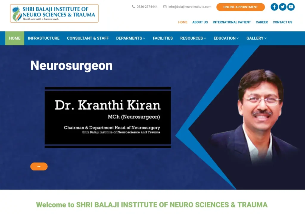 Screenshot of the 2018 Balaji Neuro Institute website redesign showing the expanded navigation and hospital website structure.