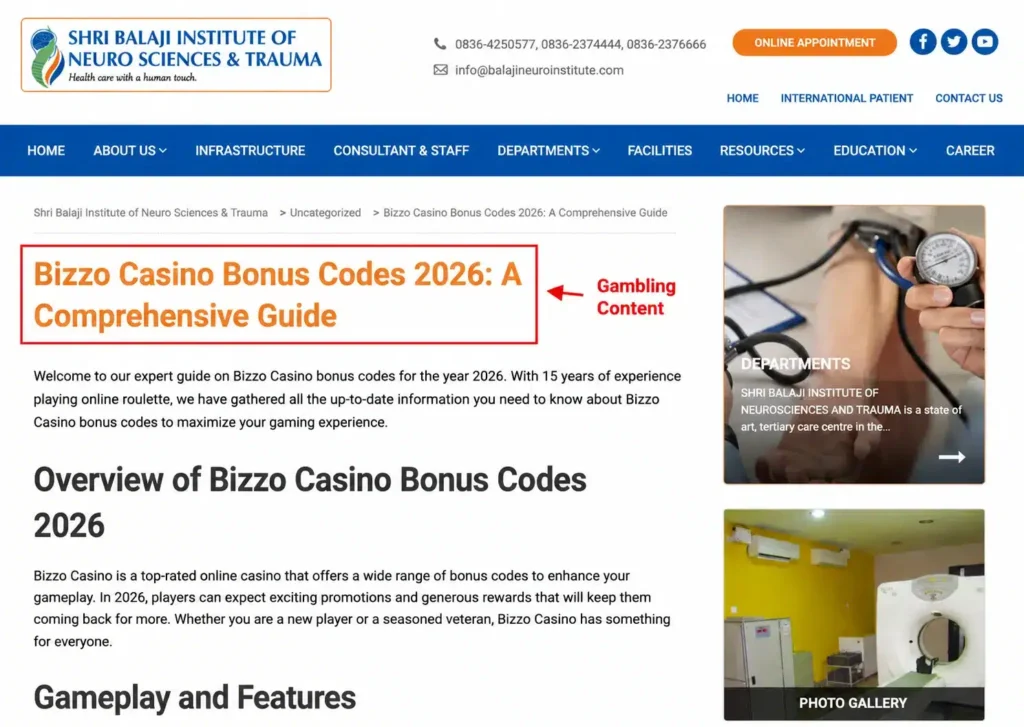 Screenshot of gambling and casino content published on the Balaji Neuro Institute hospital website.