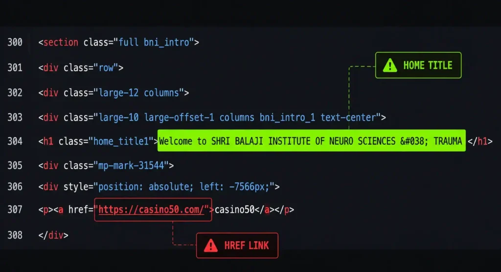 Balaji Neuro Institute homepage source code showing a hidden external link to a gambling website.